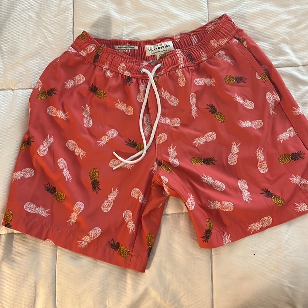 SOLD Lucky Brand Swim Trunks Mens Small Orange Saturday Stretch Pineapple - Picture 1 of 10